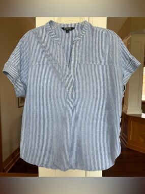 Nicole Miller Large Linen Cotton Striped Short Cap Sleeve V-Neck Top